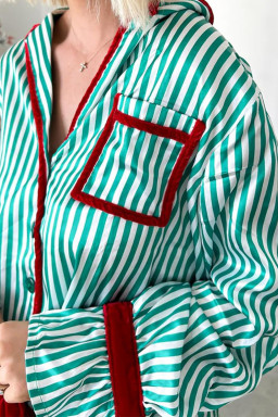 Green Striped Contrast Velvet Trim Knot Waist Pajama Set