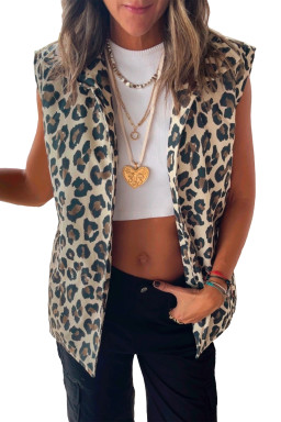 Brown Allover Leopard Print Open Front Jacket Vest