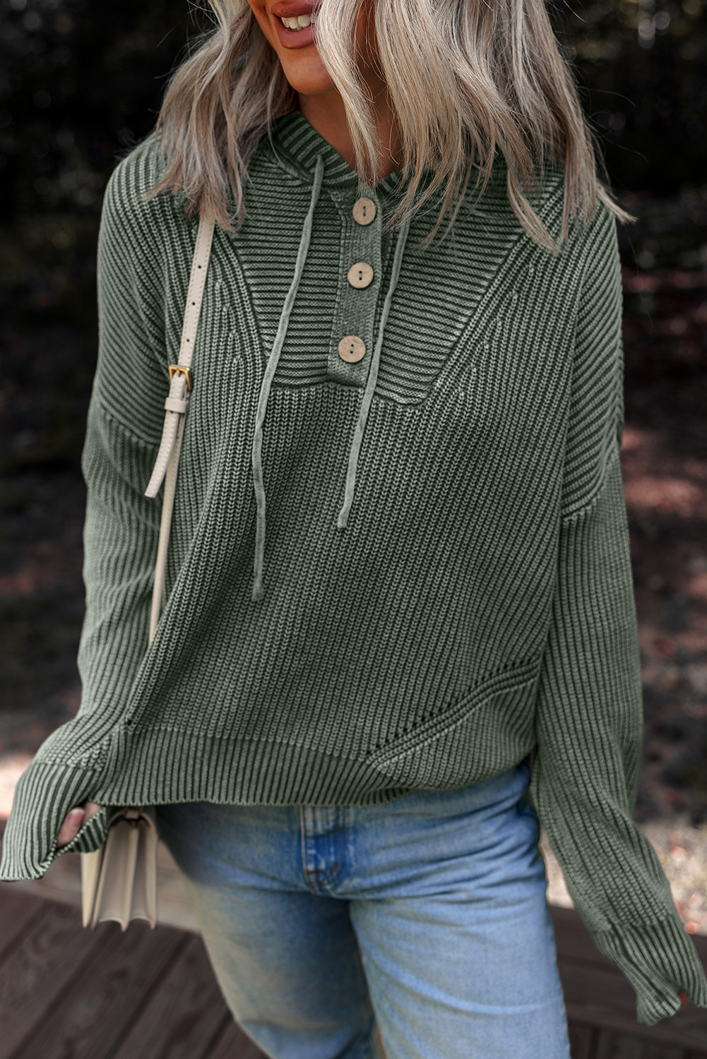 Mist Green Mineral Wash Ribbed Knit Drawstring Hooded Sweater