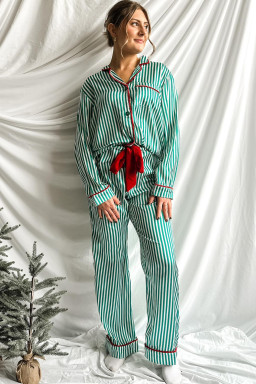 Green Striped Contrast Velvet Trim Knot Waist Pajama Set