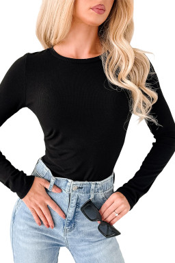 Black Ribbed Long Sleeve Crew Neck Solid Color Bodysuit