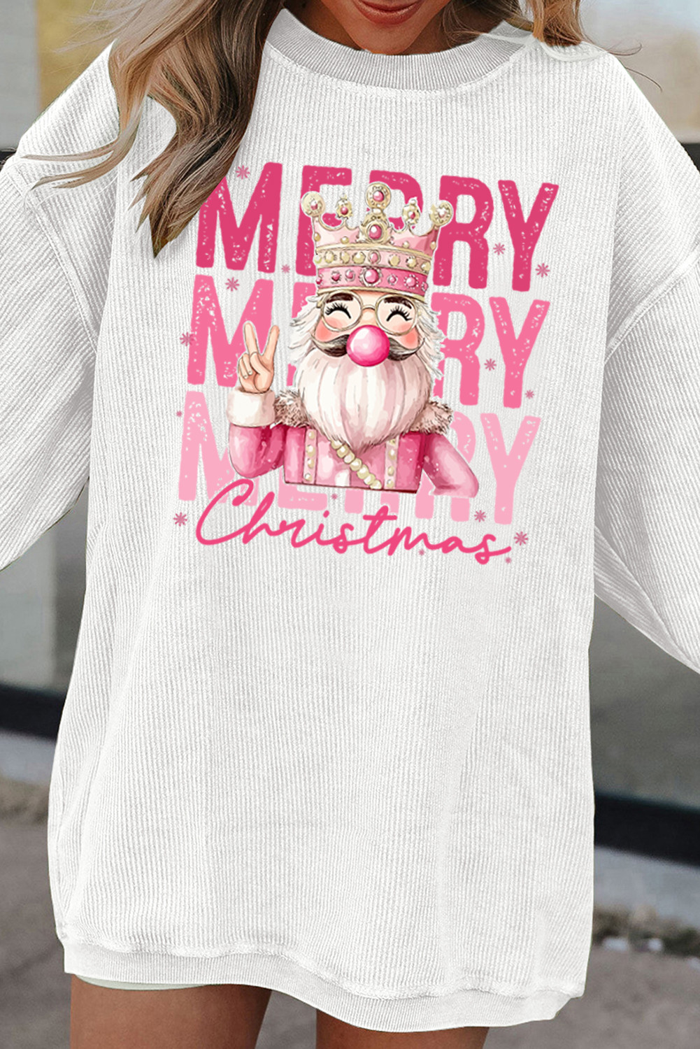 White Twisted Ribbed Merry Christmas Nutcracker King Heat Transfer Printing Sweatshirt