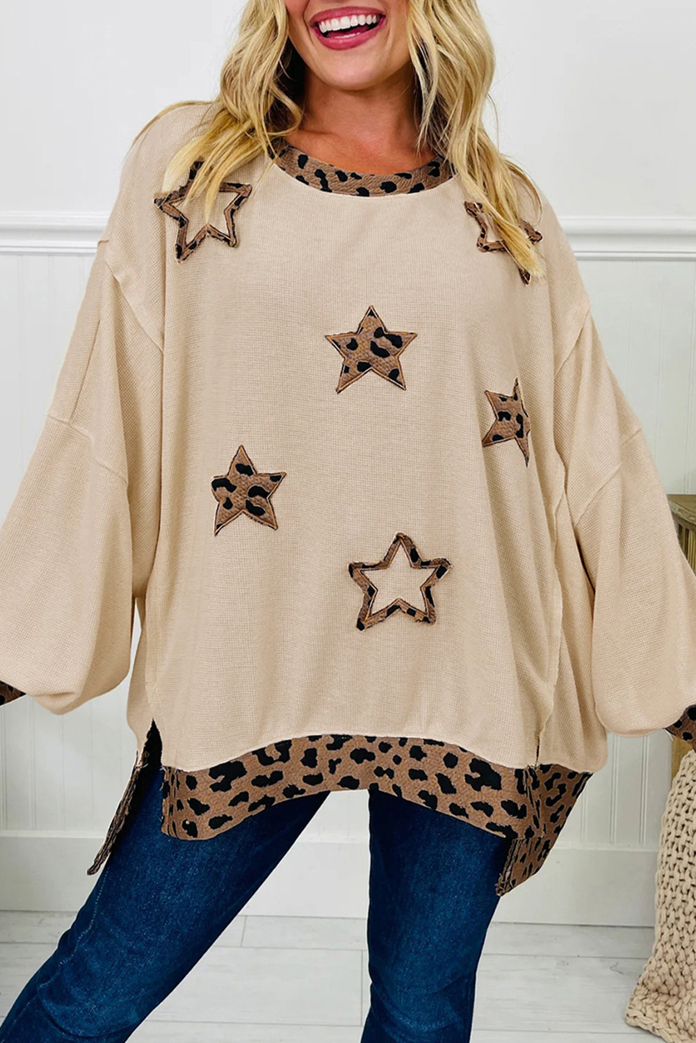 Beige Stars Pattern Leopard Patchwork Round Neck Sweatshirt