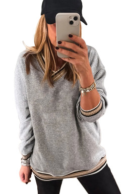 Gray Varsity Contrast Trim V Neck Sweatshirt