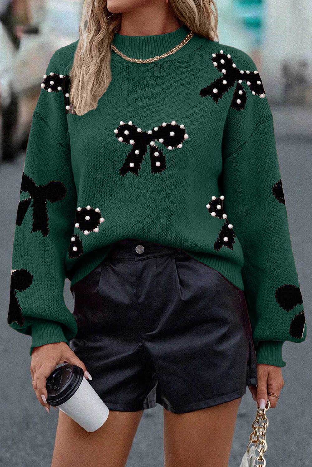 Blackish Green Pearl Embellished Bow Pattern Loose Sweater