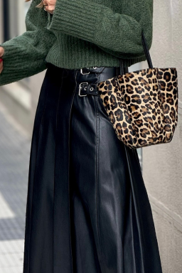 Black Faux Leather Retro Buckle Detail Pleated Stitch Flared Midi Skirt