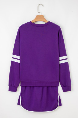 Tillandsia Purple Varsity Stripe Detail Drop Shoulder Pullover Mini Skort Set