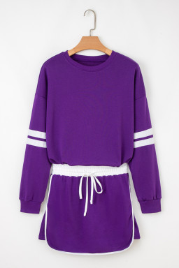 Tillandsia Purple Varsity Stripe Detail Drop Shoulder Pullover Mini Skort Set