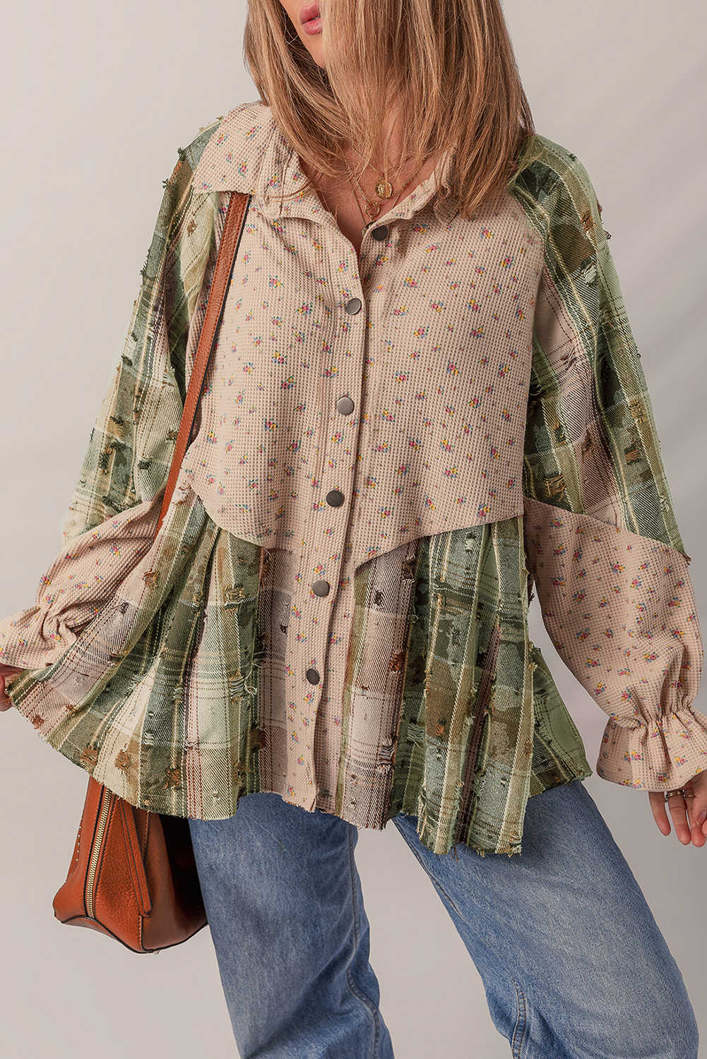 Mist Green Boho Floral Plaid Patchwork Waffle Knit Distressed Jacket