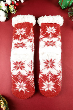 Fiery Red Christmas Snowflake Fuzzy Non-Slip Socks