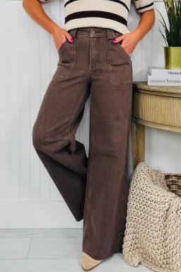 Dark Brown Retro Washed Patch Pocket Loose Jeans