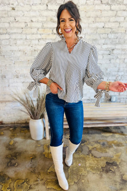Black Stripe Frill V Neck Knot Cuffs Blouse
