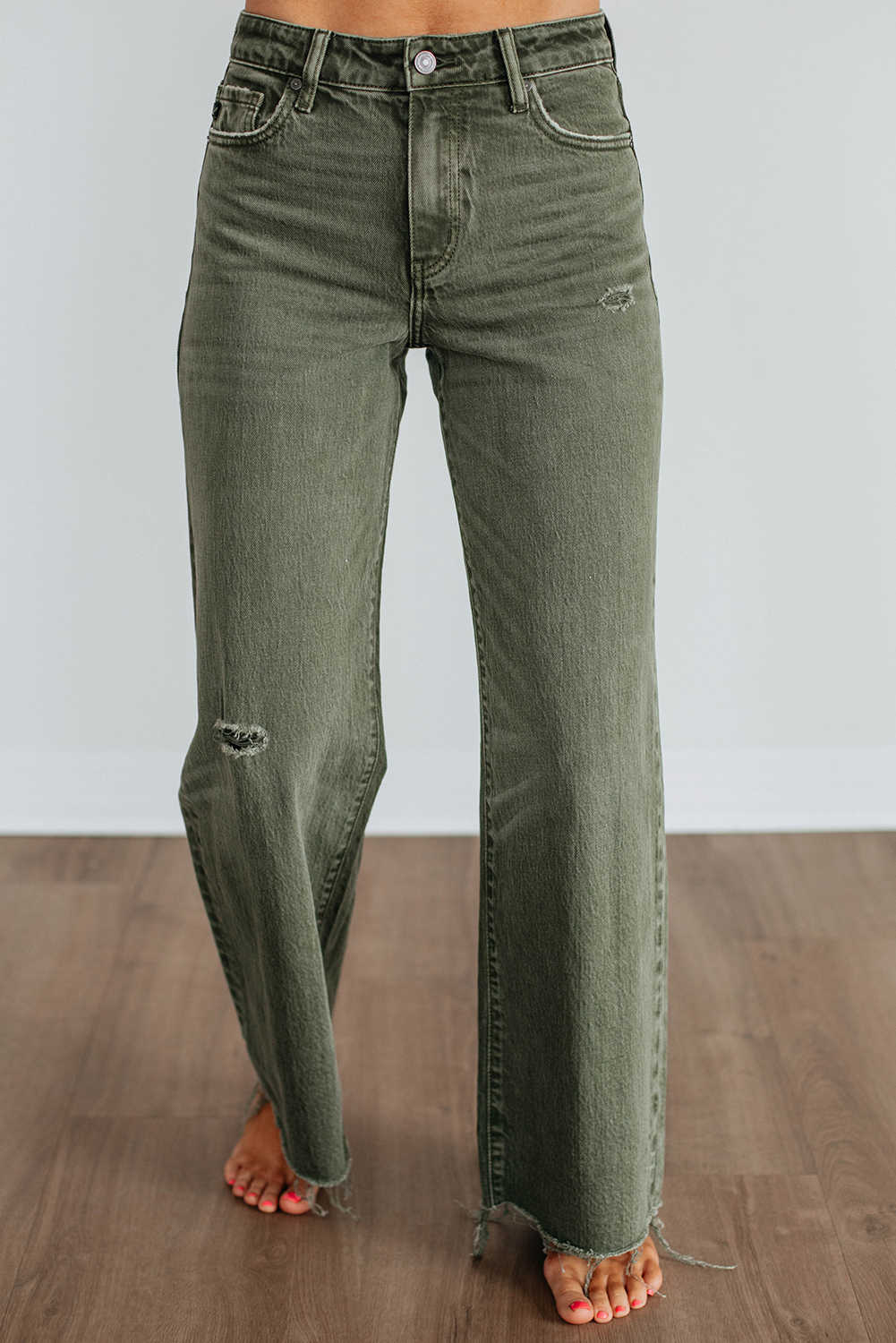 Green Slight Distressed Raw Edge Wide Leg Jeans