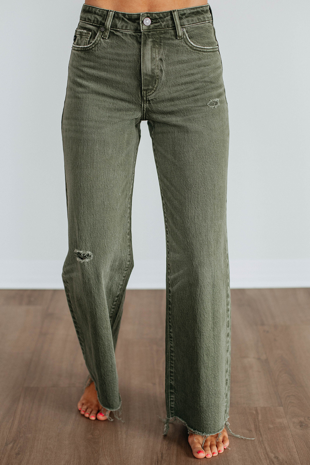Green Slight Distressed Raw Edge Wide Leg Jeans
