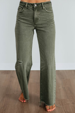 Green Slight Distressed Raw Edge Wide Leg Jeans