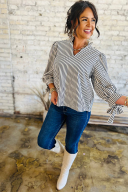 Black Stripe Frill V Neck Knot Cuffs Blouse