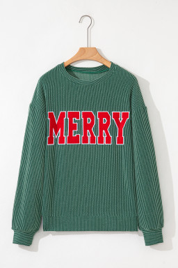 Evergreen Twisted Rib Merry Letter Graphic Loose Long Sleeve Top