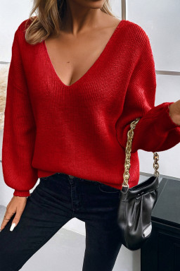 Racing Red Lantern Sleeve V Neck Knot Back Sweater
