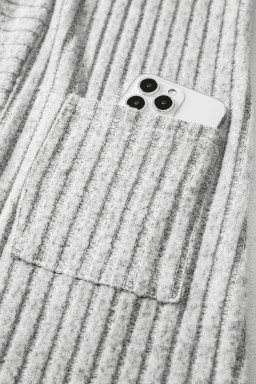 Gray Ribbed Knit Open Front Tunic Cardigan with Pockets