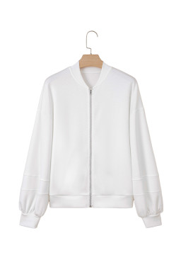 White Solid Color Zip Up Knit Puff Sleeve Jacket