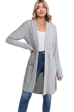 Gray Ribbed Knit Open Front Tunic Cardigan with Pockets