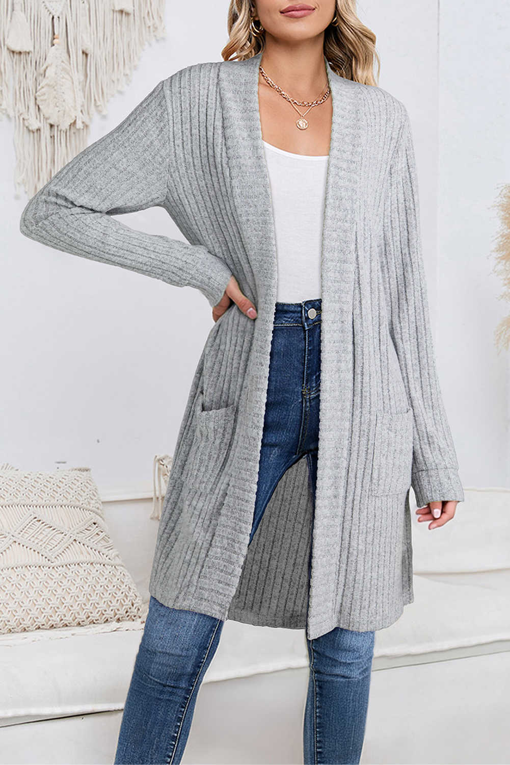 Gray Ribbed Knit Open Front Tunic Cardigan with Pockets