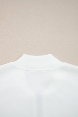 White Solid Color Zip Up Knit Puff Sleeve Jacket