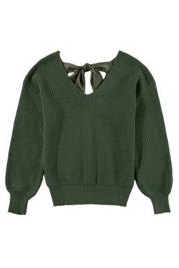 Jungle Green Lantern Sleeve V Neck Knot Back Sweater