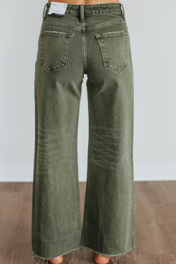 Green Slight Distressed Raw Edge Wide Leg Jeans