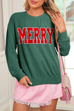 Evergreen Twisted Rib Merry Letter Graphic Loose Long Sleeve Top