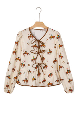 Apricot Rodeo Print Tied Front Puff Sleeve Peplum Top