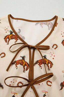 Apricot Rodeo Print Tied Front Puff Sleeve Peplum Top