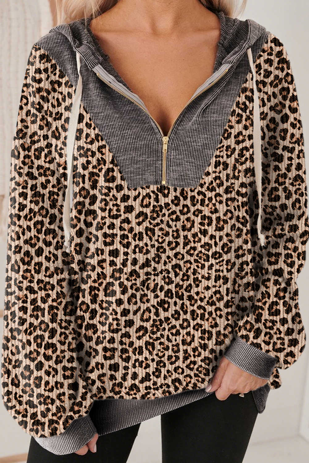Khaki Ribbed Leopard Print Patchwork Collar Zip Hoodie