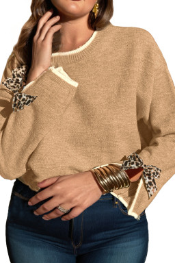 Tan Plus Size Leopard Bow Decor Split Cuffs Loose Sweater