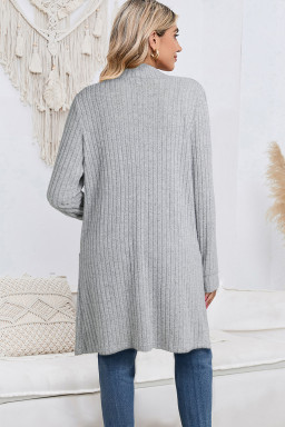 Gray Ribbed Knit Open Front Tunic Cardigan with Pockets