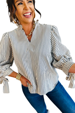Black Stripe Frill V Neck Knot Cuffs Blouse