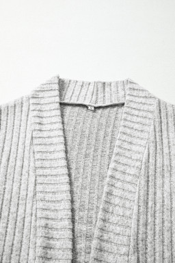 Gray Ribbed Knit Open Front Tunic Cardigan with Pockets