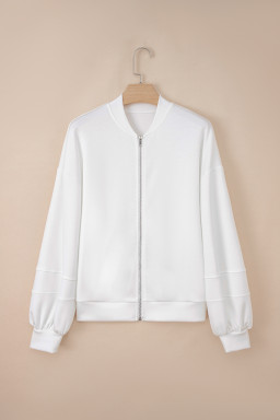 White Solid Color Zip Up Knit Puff Sleeve Jacket