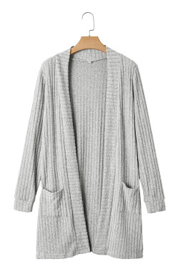 Gray Ribbed Knit Open Front Tunic Cardigan with Pockets