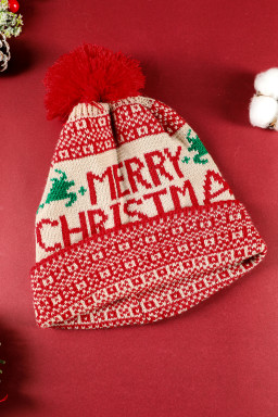Fiery Red MERRY CHRISTMAS Winter Pom Beanie Hat