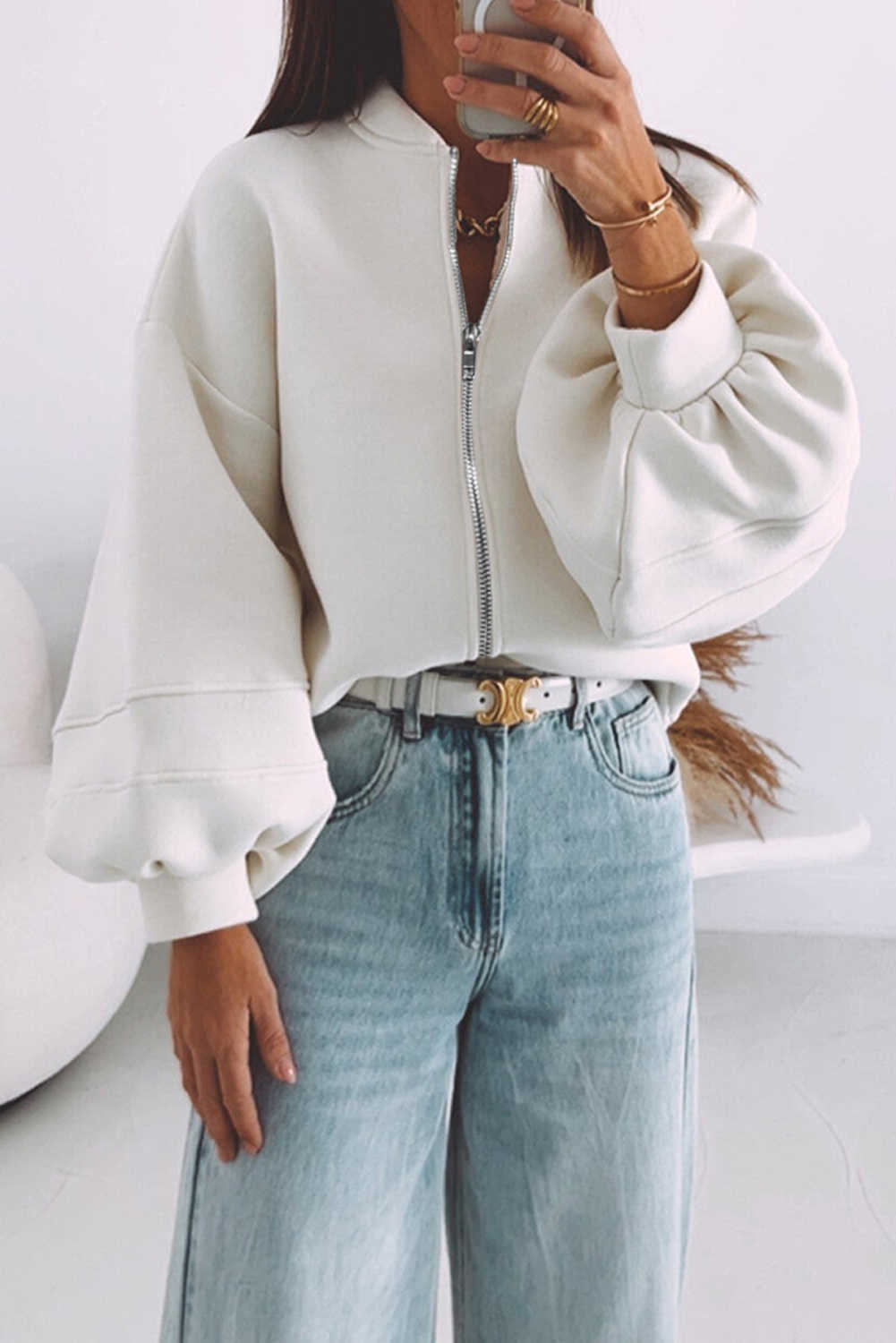 White Solid Color Zip Up Knit Puff Sleeve Jacket