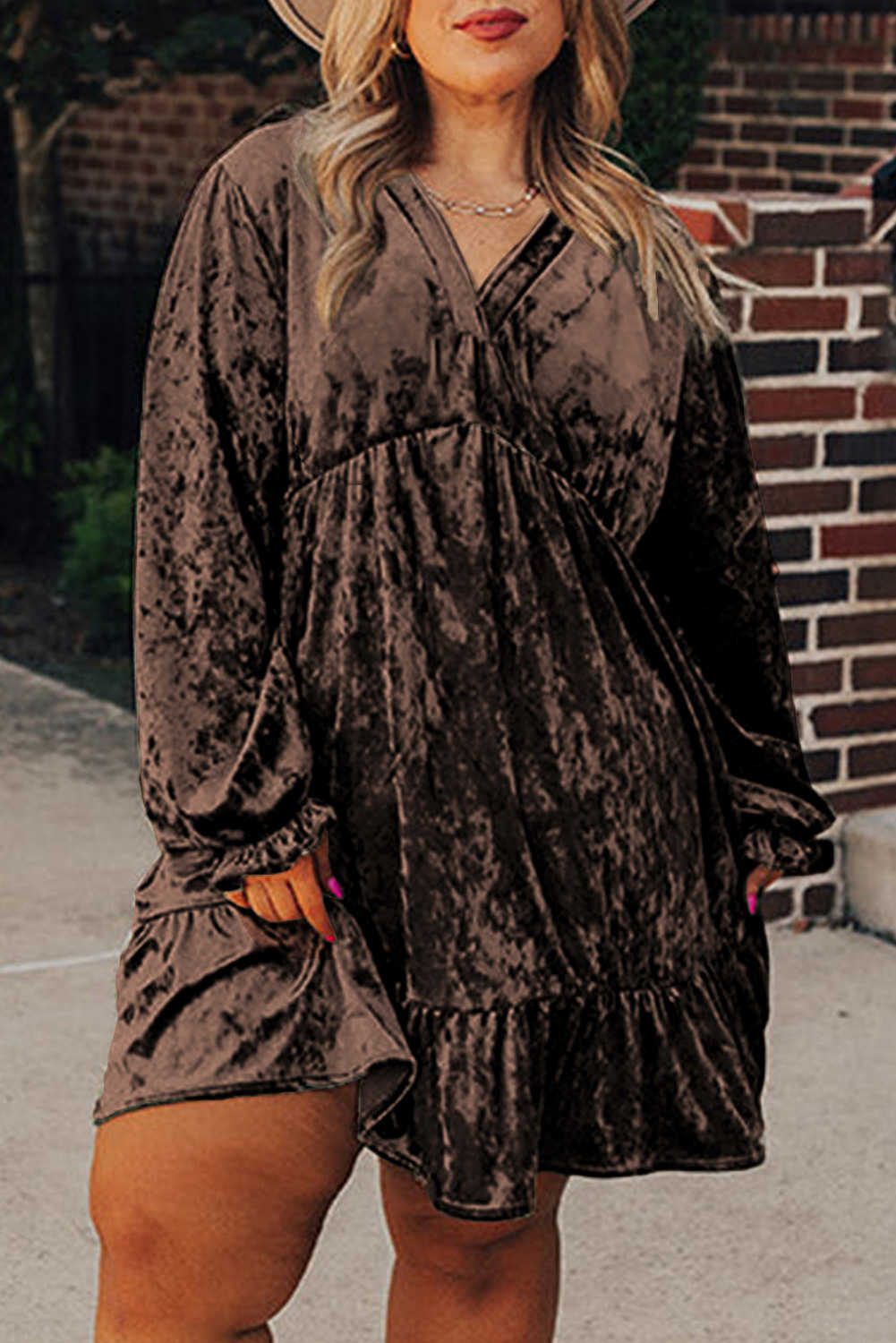 Coffee Plus Size Velvet Babydoll Mini Dress