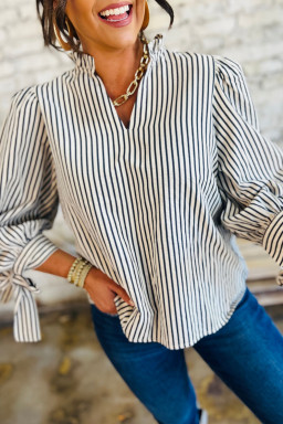 Black Stripe Frill V Neck Knot Cuffs Blouse
