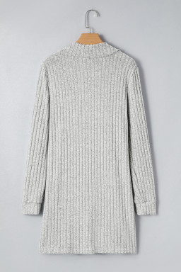 Gray Ribbed Knit Open Front Tunic Cardigan with Pockets