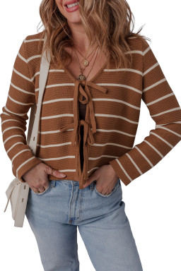 Chestnut Tie Front Striped Knit V Neck Cardigan Sweater