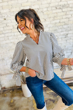 Black Stripe Frill V Neck Knot Cuffs Blouse