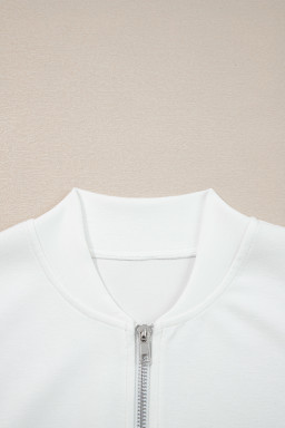 White Solid Color Zip Up Knit Puff Sleeve Jacket