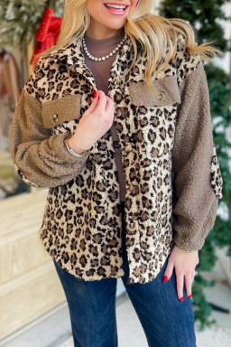 Brown Sherpa Leopard Print Flap Pocket Collared Button Up Jacket