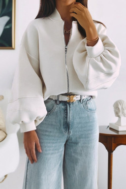 White Solid Color Zip Up Knit Puff Sleeve Jacket
