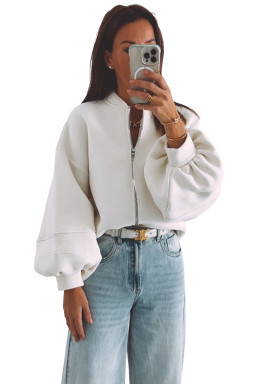 White Solid Color Zip Up Knit Puff Sleeve Jacket
